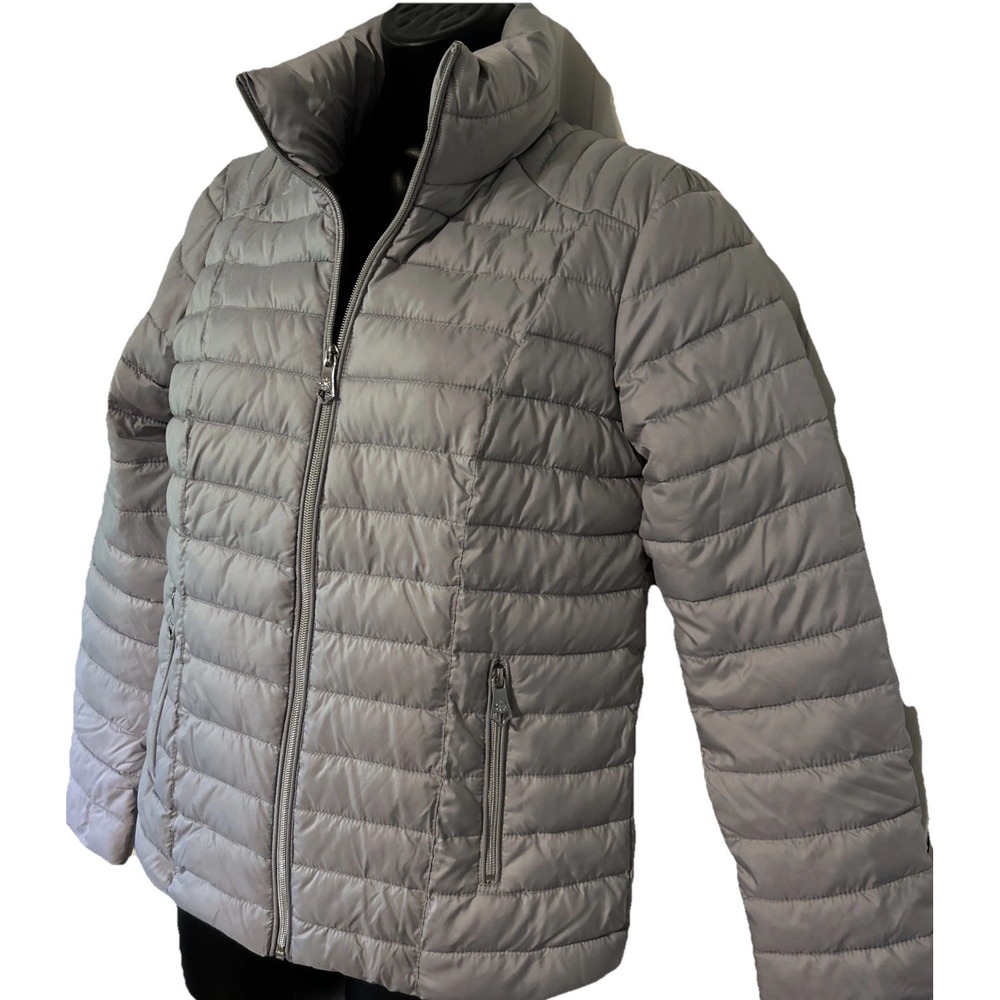 Nanette Lepore Womens Grey Quilted Puffer Jacket Leopard Print Lining Small